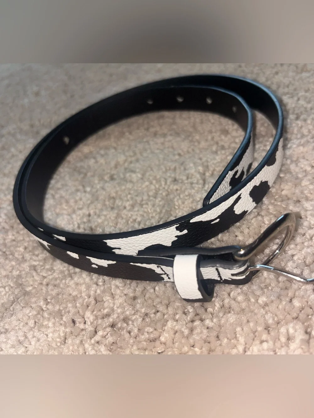 Faux Leather Black White Cow Print Skinny Belt Silver Buckle 34 36